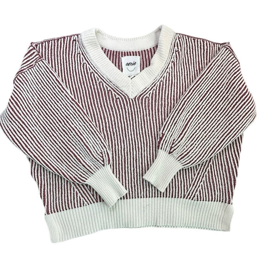 Aerie V Neck Sweater Oversized Striped Ribbed Chunky Knit XS